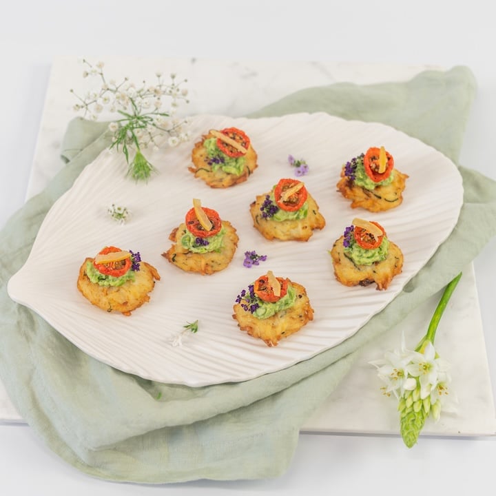 Rosti, smashed green pea and mint puree, slow roasted cherry tomato, pickled lemon