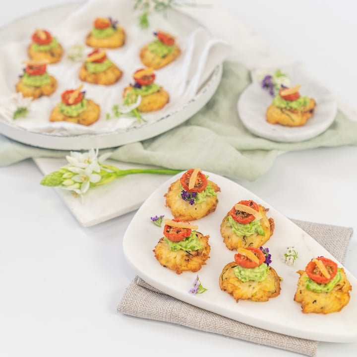 Rosti, smashed green pea and mint puree, slow roasted cherry tomato, pickled lemon