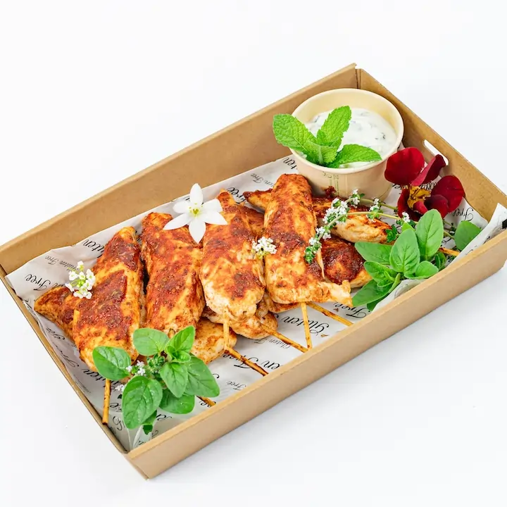 Portuguese-style chicken skewer, cracked pepper, coriander-lemon yoghurt