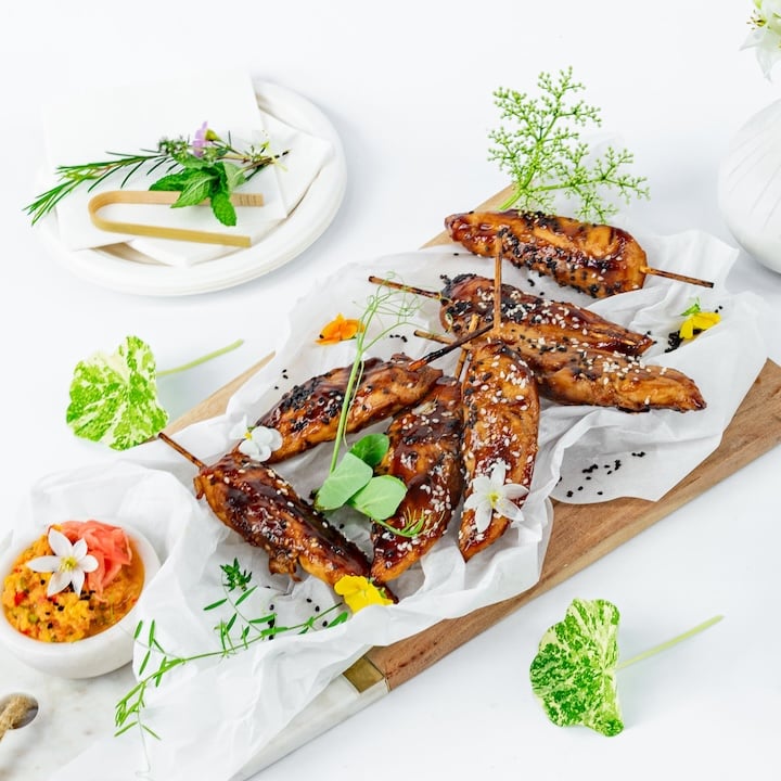 Portuguese-style chicken skewer, cracked pepper, coriander-lemon yoghurt