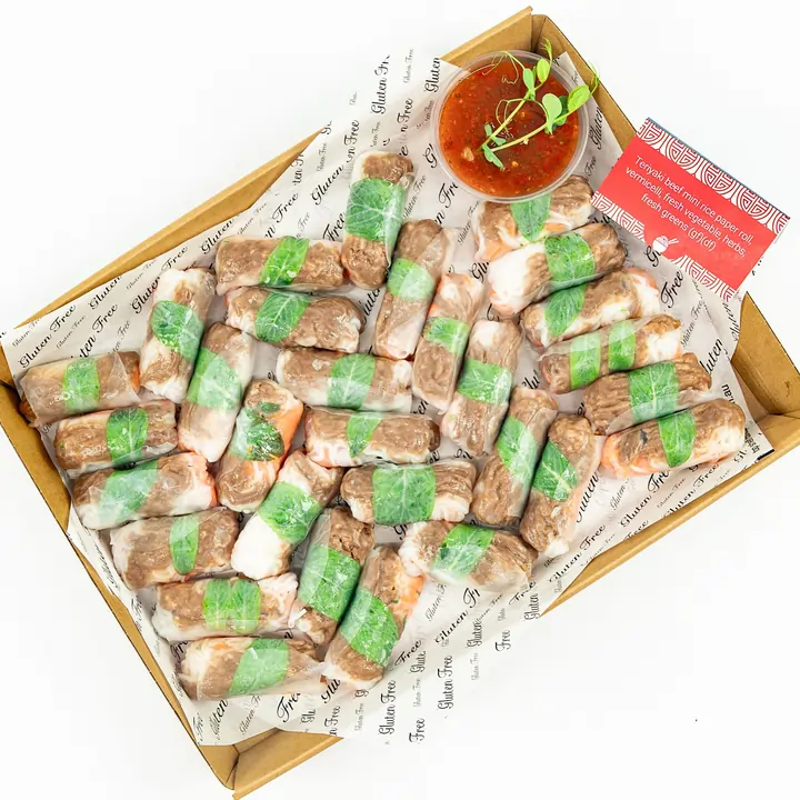 rweiyaki beef mini rice paper rolls