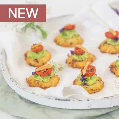 Rosti, smashed green pea and mint puree, slow roasted cherry tomato, pickled lemon