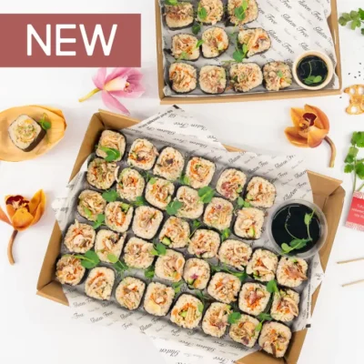 Tofu & vegetable roll, brown rice, seaweed, crisp onions, baby snow pea, soy dipping sauce