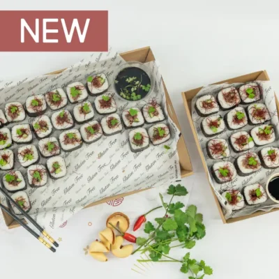 Beef teriyaki roll, white rice, seaweed, cucumber, baby coriander, chilli threads, soy dipping sauce