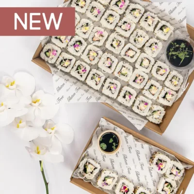 California sushi roll, white rice, poached prawn, avocado, cucumber, creamy mayo, crisp noodle, baby flora, soy dipping sauce