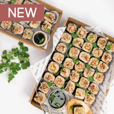 Crumbed chicken roll, brown rice, seaweed, cucumber, creamy mayo, wasabi pearls, chilli threads, soy dipping sauce