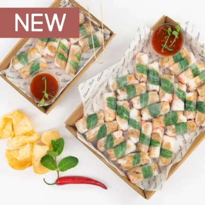 Fragrant lemongrass chicken mini rice paper roll, vermicelli, crunchy vegetable, mint, coriander