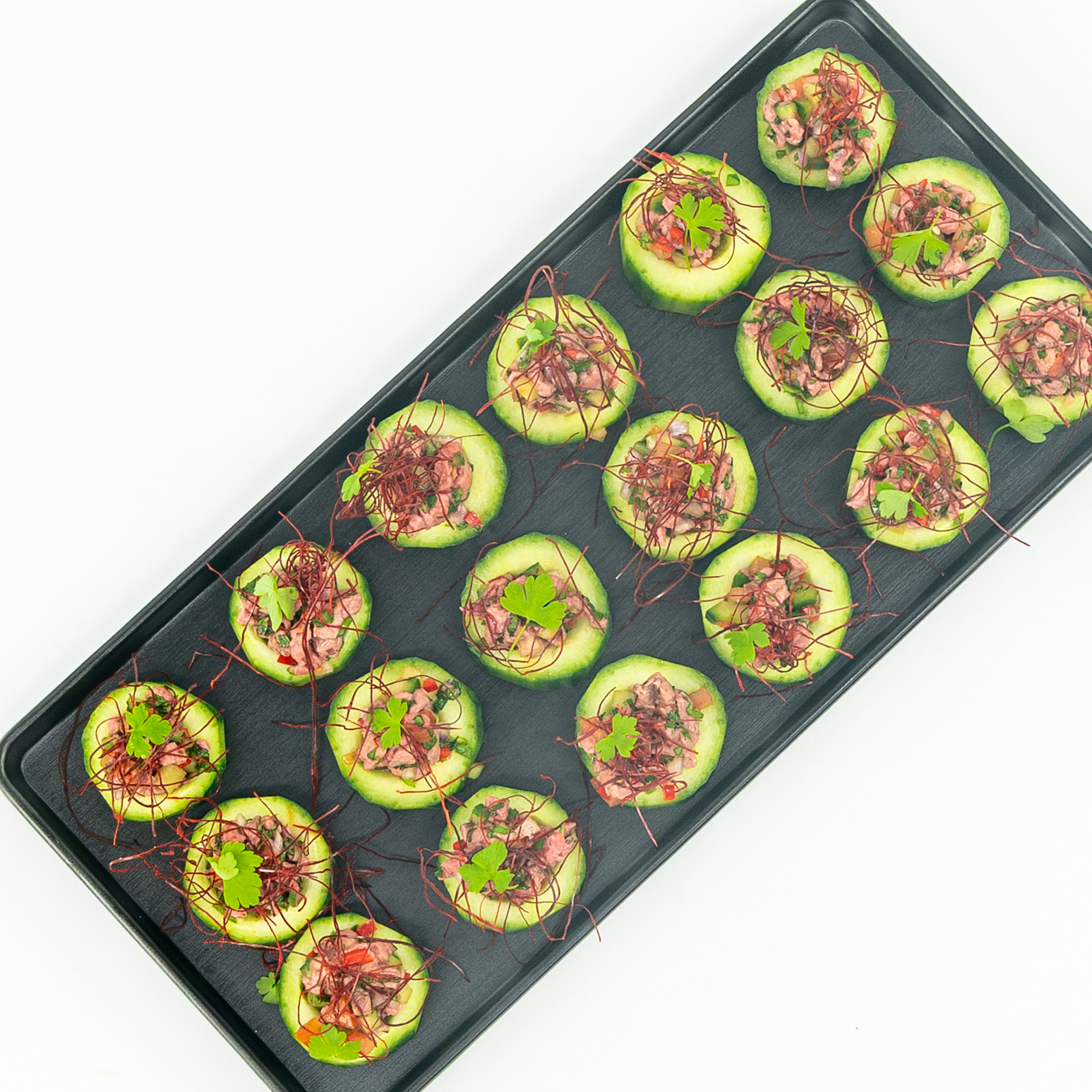 Thai beef salad cucumber disc, kaffir lime, chilli thread, crushed peanuts, baby coriander
