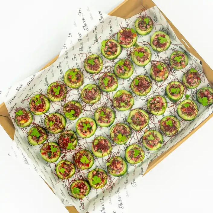 Thai beef salad cucumber disc, kaffir lime, chilli thread, crushed peanuts, baby coriander