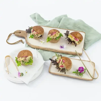 Marinated artichoke slider, pickled onion, celery, fresh dill, dijon mustard & creamy vegan mayo