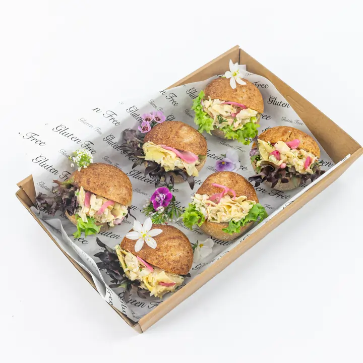 Gluten free & vegan slider - marinated artichoke, pickled onion, celery, fresh dill, dijon mustard & creamy vegan mayo
