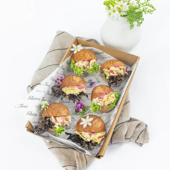 Gluten free & vegan slider - marinated artichoke, pickled onion, celery, fresh dill, dijon mustard & creamy vegan mayo