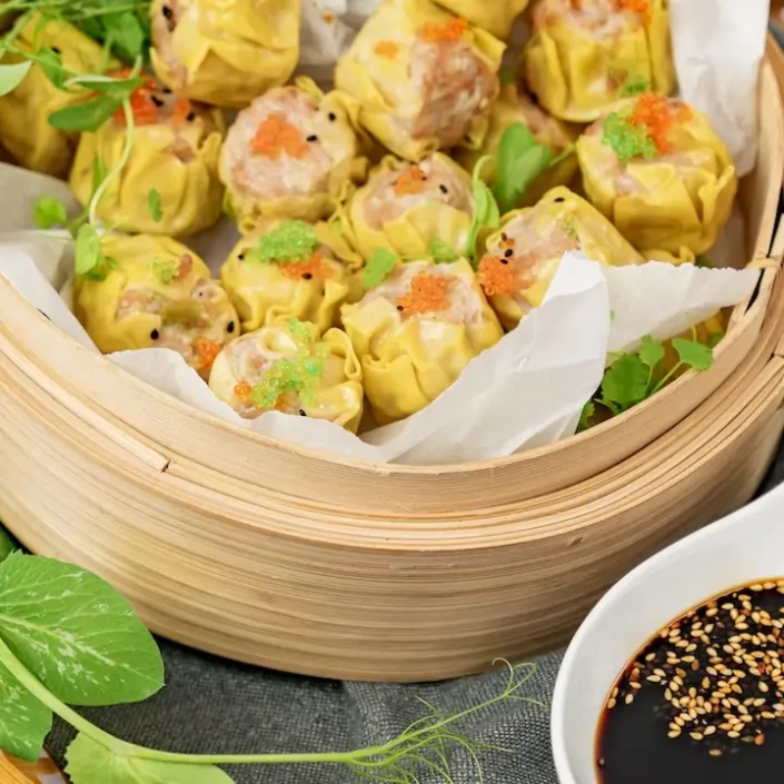 Chicken and prawn siu mai, light soy, fresh chilli, flying fish roe