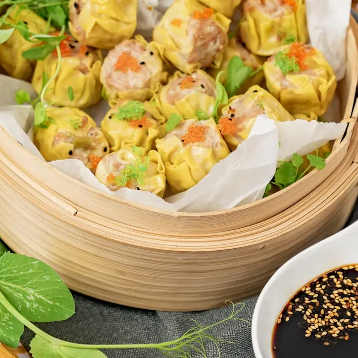 Chicken and prawn siu mai, light soy, fresh chilli, flying fish roe