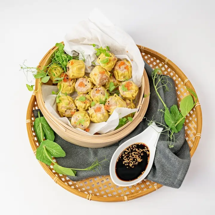 Chicken and prawn siu mai, light soy, fresh chilli, flying fish roe