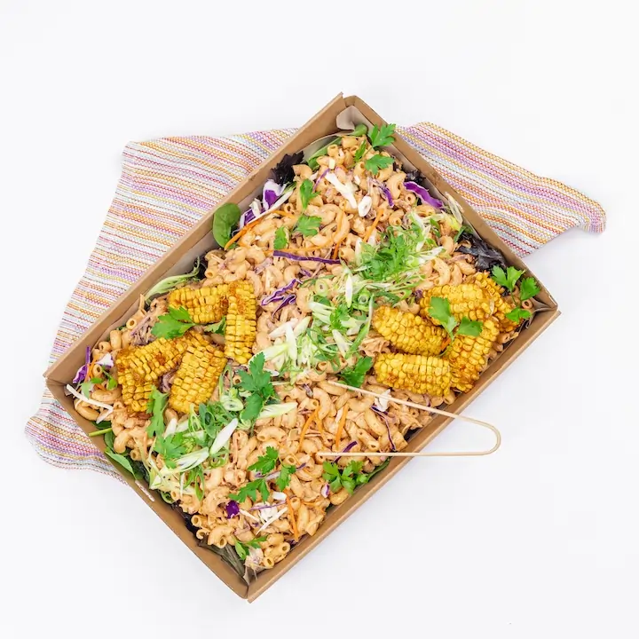 Smoked chipotle macaroni salad - Disposable platter corporate catering